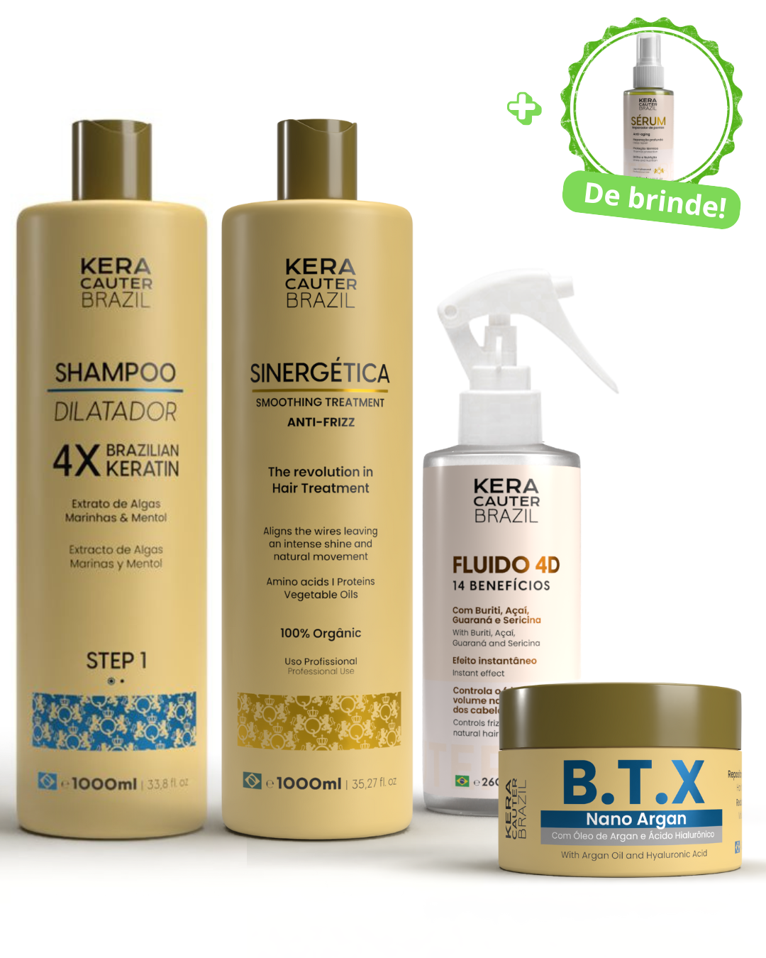 Kit Progressiva 100% Sem Formol + Shampoo 1L + Máscara de Tratamento 300g + Fluído 4D Alinhador + BRINDE (SÉRUM)