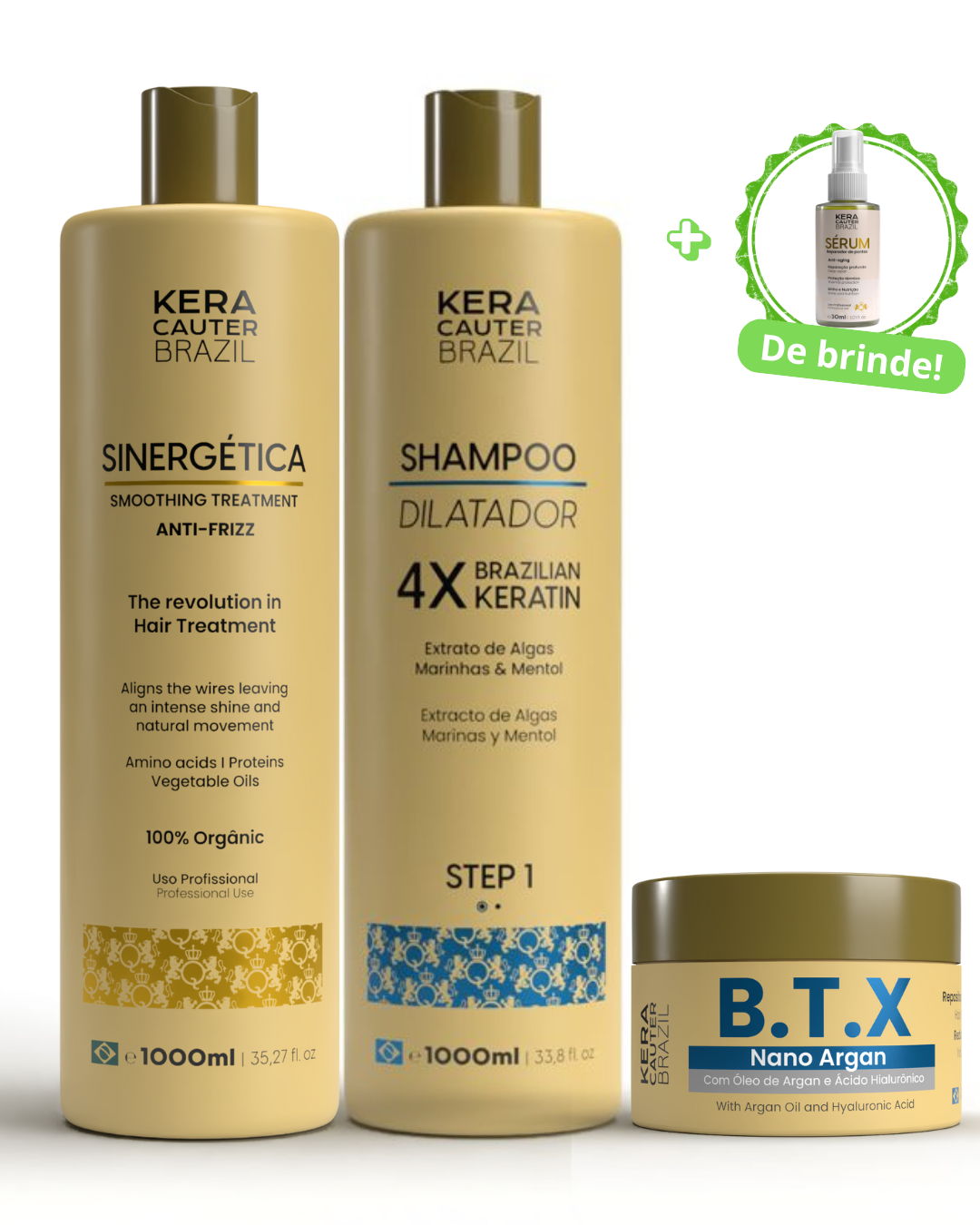 Kit Progressiva 100% Sem Formol + Shampoo 1L + Máscara de Tratamento 300g + BRINDE (SÉRUM)